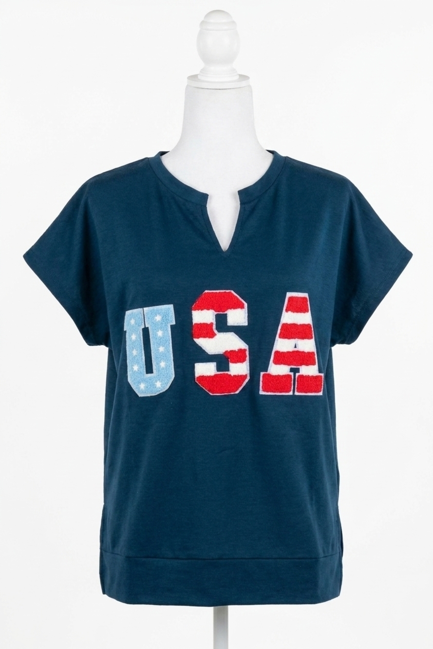 NEW HAPTICS give me liberty boxy short seeve v-neck tee in blue